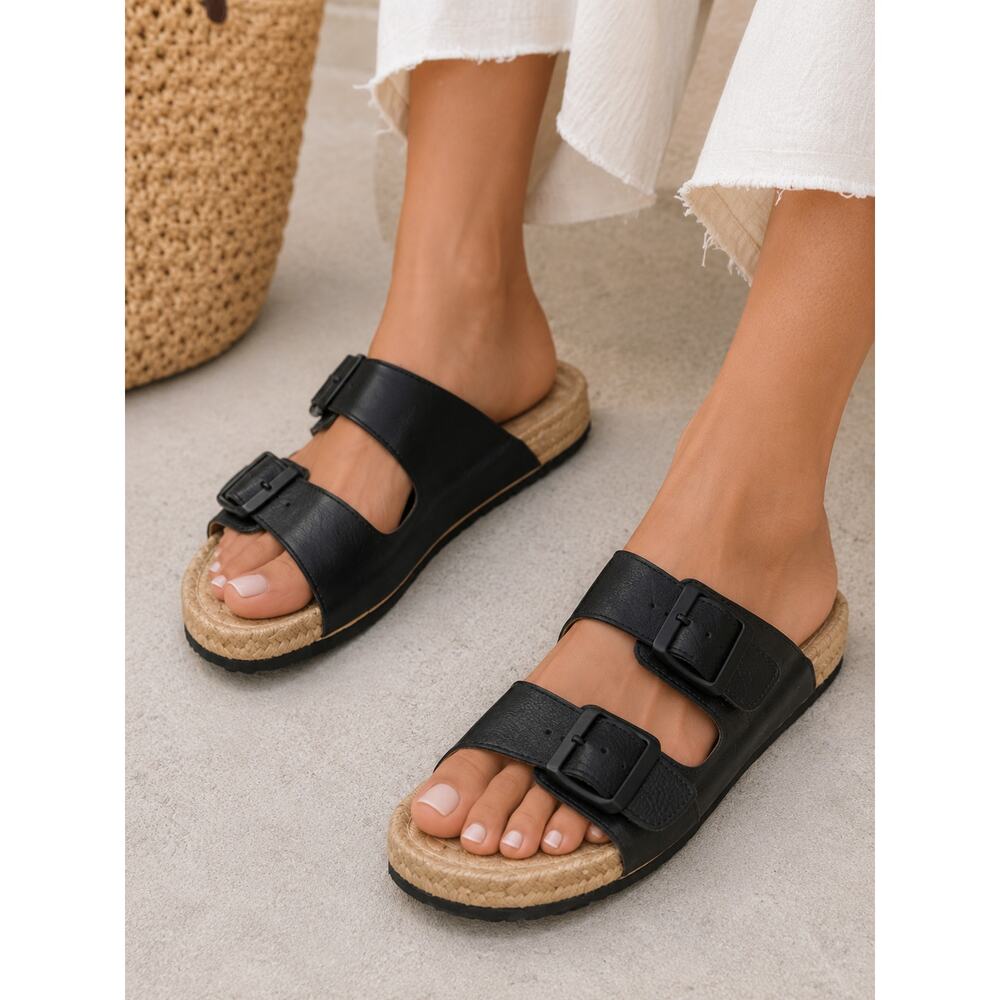 MANEBI Black Leather Double Buckle Espadrille Slide Sandals Size 10